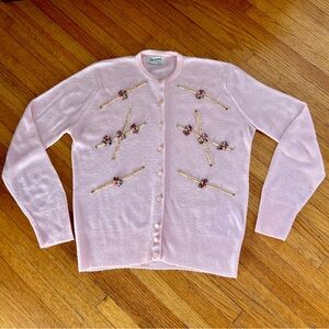 Vintage 1950s Chesterfield Beaded Ribbons Embellished Pink Orlon Cardigan - S
